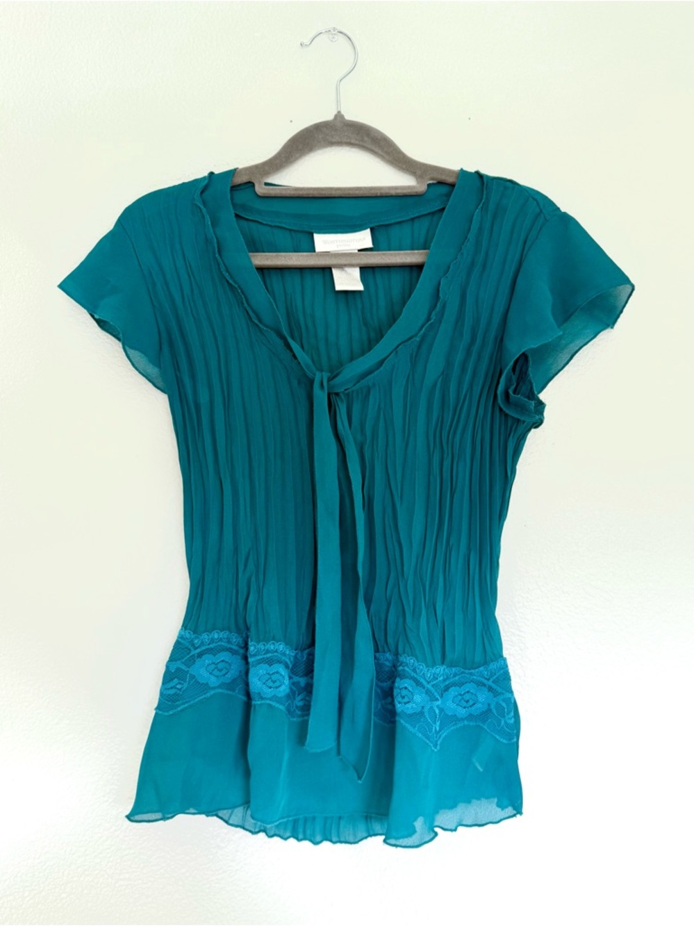 Y2K Teal Pleated Blouse with Tie Front